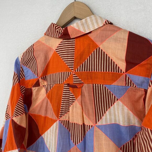 MAEVE ANTHROPOLOGIE Top L Patchwork Shirt Button Front Roll Tab Sleeve Pink Blue - Picture 9 of 16